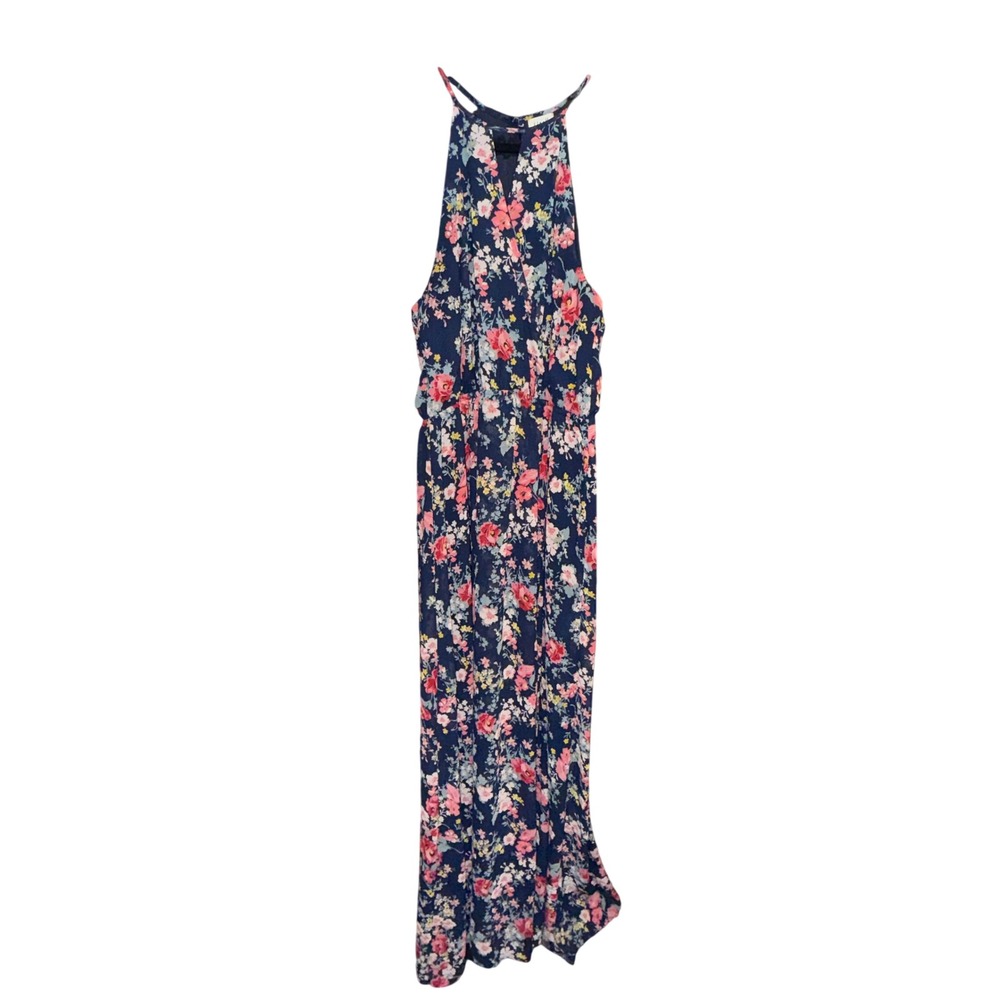 WxK Navy Floral Halter Maxi Dress XL Sleeveless Keyhole Chiffon Boho Cottagecore